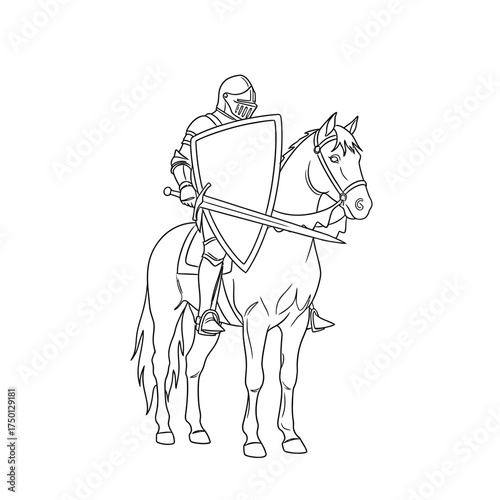 Knight in full armor riding a horse with a sword and shield.
