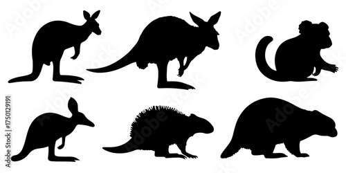 Collection of Australian animal silhouettes including kangaroos koala and echidna