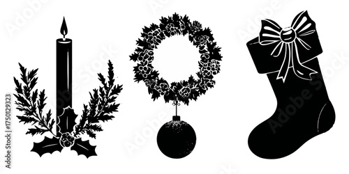 Christmas holiday decorative elements including a candle wreath and stocking silhouette
