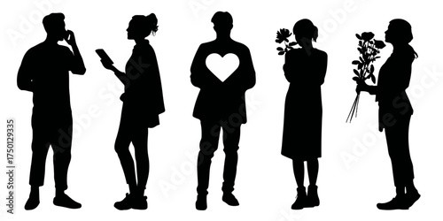 Diverse group of people in silhouette with various poses and objects silhouette