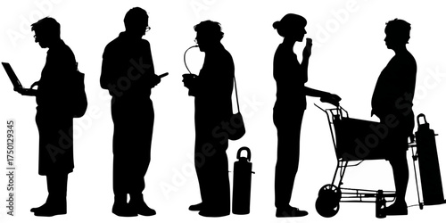 Diverse group of people in silhouette standing in a line with various objects silhouette