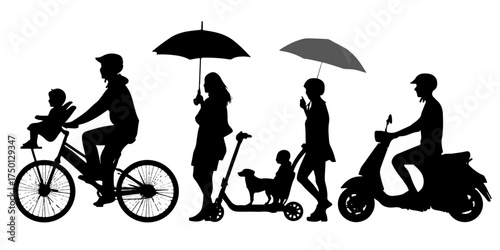 people with children and pets enjoying outdoor activities in silhouette