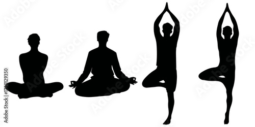 Four distinct yoga poses shown as black silhouettes on a white background silhouette