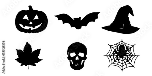 Collection of halloween icons including pumpkin bat witch hat skull spiderweb and leaf silhouette