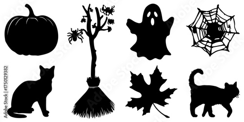 Collection of halloween elements including a jack o lantern broom ghost cat spiders and autumn leaves silhouette