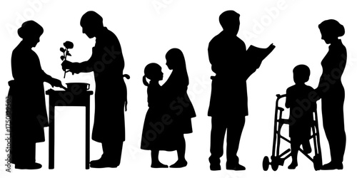 Diverse group of people in silhouette representing various professions and family roles silhouette