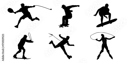 Collection of six dynamic sports silhouettes in action on a white background silhouette