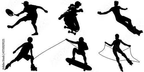 Dynamic sports action silhouette collection featuring tennis skateboarding and roller skating silhouette