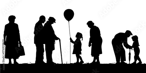 Diverse group of people of different ages and generations standing together in silhouette