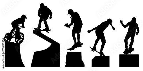 Dynamic sequence of extreme sports athletes performing tricks in silhouette style