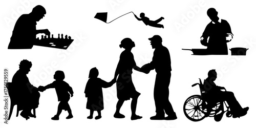 Diverse group of people in silhouette engaged in various activities and interactions silhouette
