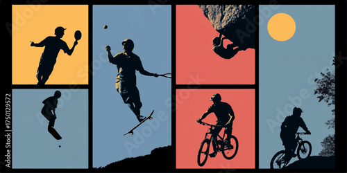 Dynamic montage of extreme sports and outdoor activities silhouettes against colorful backgrounds silhouette