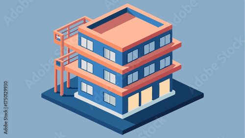 An isometric view of a multistory residential building highlighting balconies staircases and roof structures in a technical style.