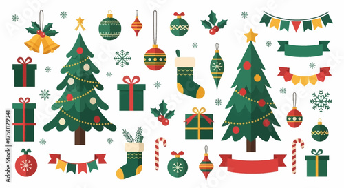 Collection of Festive Christmas Decorations Including Trees Ornaments Gifts and Holly Berries All in a Flat Design Style