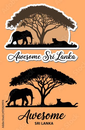 Awesome Sri Lanka Typography with Elephant Under Acacia Tree Silhouette Safari Landscape Sticker Set Vector Design