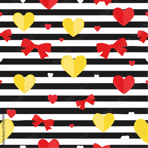 noir bands and sunny hearts — striped black-and-white repeat with yellow hearts and red bows