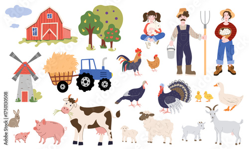 Collection of  farm elements, such as cow, pig, sheep, chicken, goose, barn, windmill, farmer, farmer's wife, child, tractor, and fruit trees. Perfect for educational a
