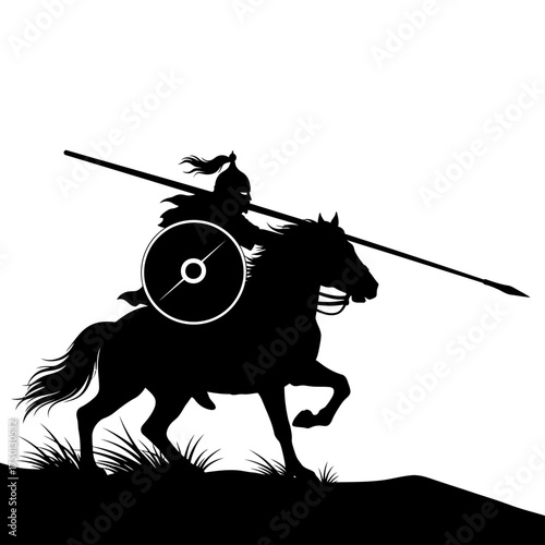 Silhouette of an ancient warrior on horseback holding a spear.