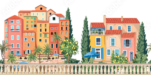 Italian town, beach, cypress tree, umbrella, palms, lemon tree seamless border. Summer Mediterranean coast mural.
