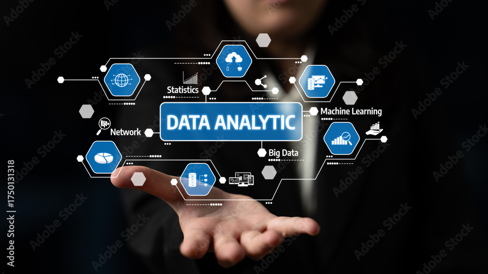 Fototapeta premium A graphic representation of modern data analytics, showcasing various concepts such as big data, machine learning, and statistics in a professional context. Tessel