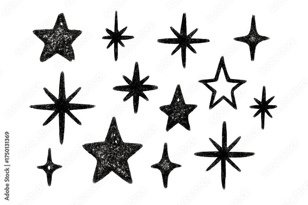 Obraz premium Various black stars in hand-drawn style on white background for Christmas 