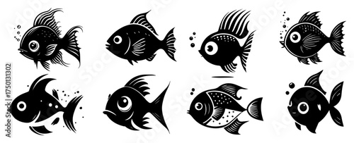 Decorative aquarium fish silhouette bundle – stylised tropical freshwater fishes icon set for pet designs