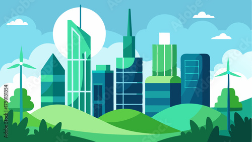 A futuristic cityscape with skyscrapers covered in greenery and powered entirely by renewable energy sources.