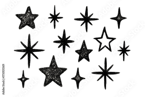 Various black stars in hand-drawn style on white background for Christmas  