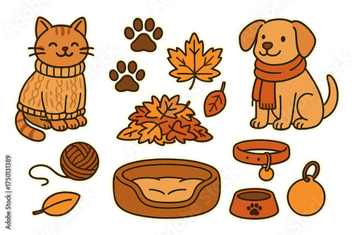 Cat and dog illustrations with autumn leaves and pet accessories  