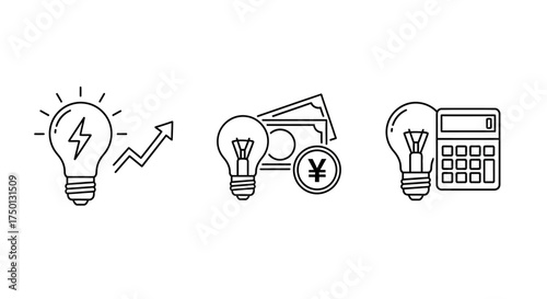 Illustrations of business ideas cost analysis growth and financial planning concepts with lightbulbs representing innovation and new concepts
