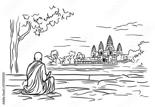 Buddhist monk meditating by Angkor Wat sketch – Cambodia temple landscape line illustration
