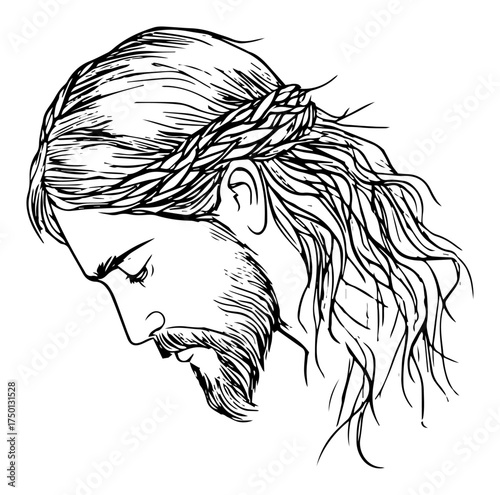 Jesus Christ bowed head with crown of thorns – detailed sorrowful savior sketch illustration