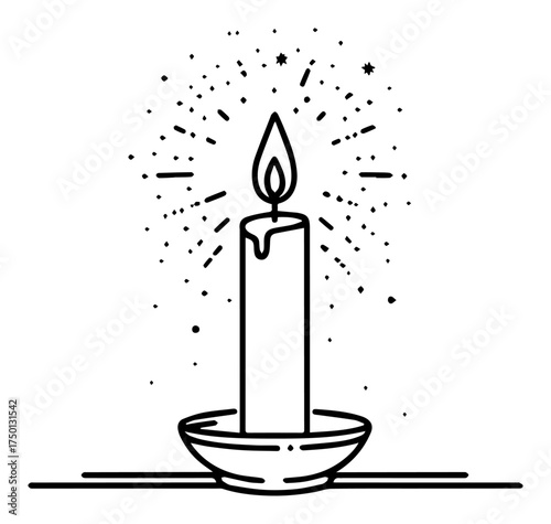 Lit candle with sparkles minimal line icon – festive wax candle in holder celebration illustration
