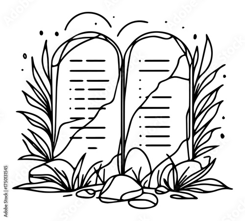 Ten Commandments stone tablets illustration – biblical Moses law clay tablets with leaves sketch