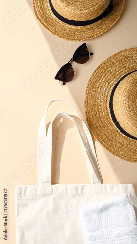 Sunny Summer Essentials Flat Lay: Straw Hats, Sunglasses, Tote Bag & Towel for a Perfect Beach Day