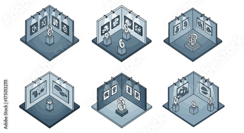 Isometric 3D office room illustrations with various workstation layouts.