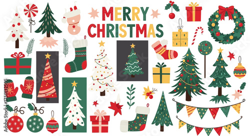 Festive Collection of Christmas Tree Ornaments Gifts Stockings and Decorative Elements for Holiday Celebrations
