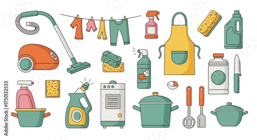 Collection of Household Cleaning Supplies and Laundry Items for a Tidy Home Environment