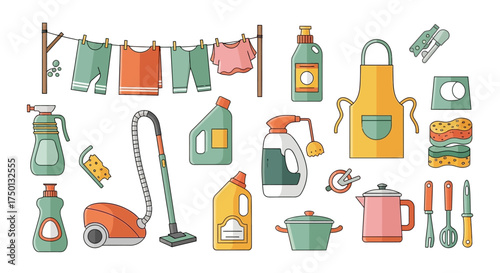 Household Chores Essentials Including Laundry Cleaning Supplies and Kitchen Utensils for Everyday Domestic Tasks