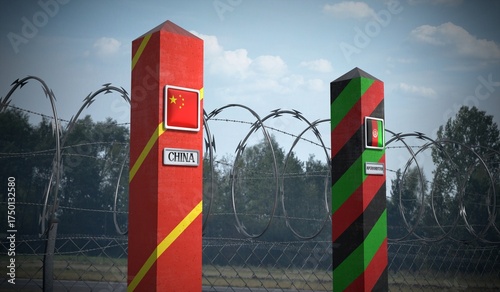 Foto Border posts with flags of China and Afghanistan - 3d illustration