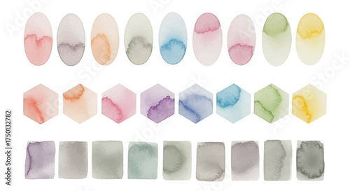 Delicate Watercolor Swatches in Oval Hexagonal and Square Shapes with Soft Pastel Hues