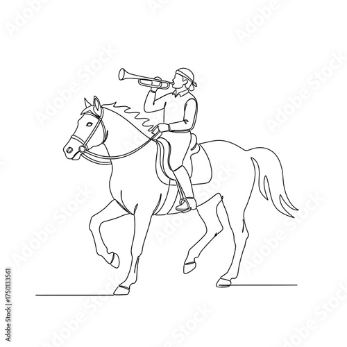Single line drawing of a horseman playing a trumpet while riding a majestic horse.