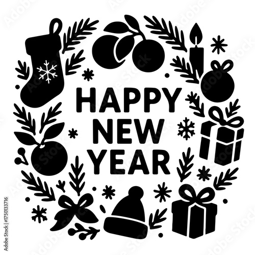 Black and white vector New Year illustration with wreath, gifts, oranges, hat, candle, Christmas stocking and Happy New Year text.