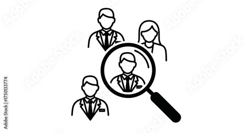 Magnifying Glass Focusing on a Person within a Group of Diverse Individuals Representing Recruitment and Talent Selection