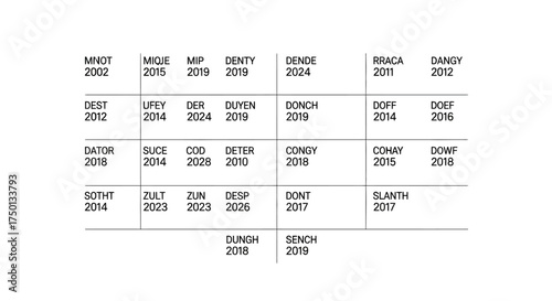 A Grid of Mysterious Words and Dates Possibly Representing Product Releases or Project Timelines Without Clear Context or Branding