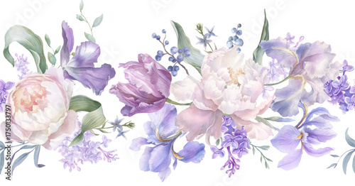 Принти на полотні Watercolor Floral Border Clipart: Iris, Peony, Tulip (PNG), purple flower frame,