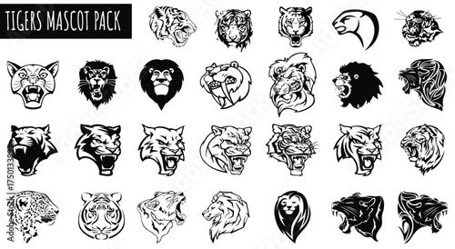 Tiger Mascot Pack: A striking collection of tiger mascot designs showcasing ferocity, power, and style. perfect for branding, sports logos, and creative projects.