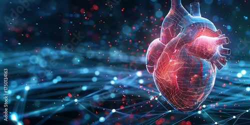 Glowing digital heart with intricate network of connections, representing health and technology.