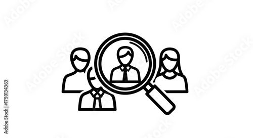 Discovering the ideal candidate through a magnifying glass focused on a single person within a group illustration representing recruitment selection