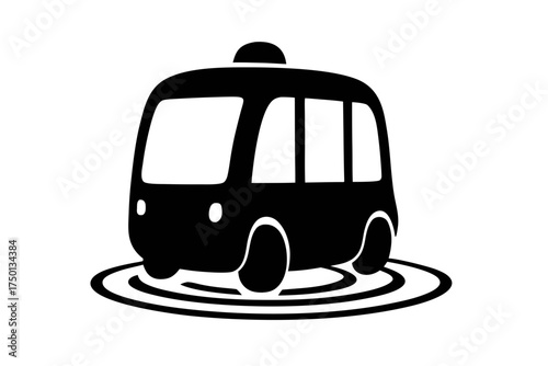 Autonomous Vehicle Icon: A sleek, stylized black icon represents an autonomous vehicle, set against a minimalist backdrop. The design suggests innovation and the future of transport. 